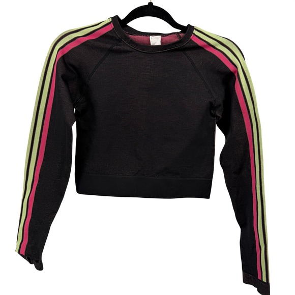 Fabletics Tops - Fabletics Womens Black Cropped Long Sleeve Top Neon Green Pink Stripes Size M